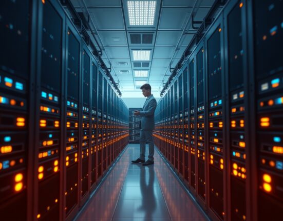 Hyperscale Data cryptocurrency mining data center interior with server racks and blue LED lighting