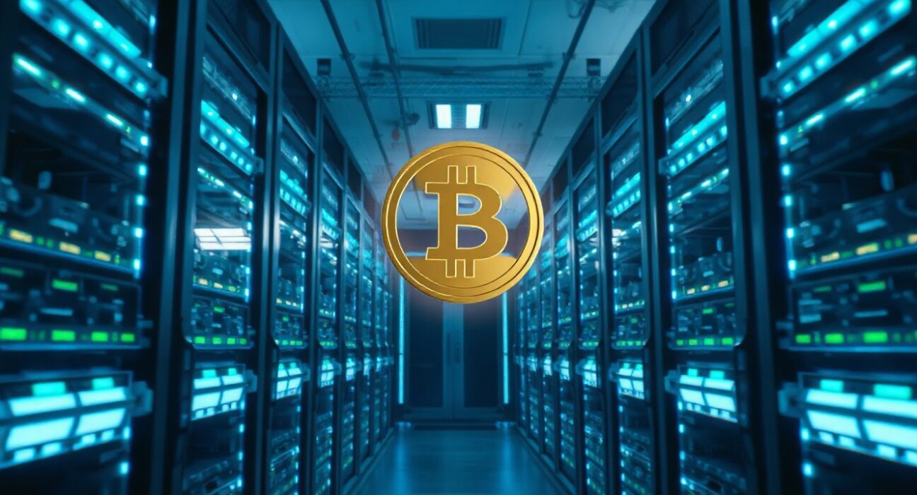 Interior of a modern data center with server racks and a holographic bitcoin symbol, representing Hyperscale Data's pivot to AI infrastructure.