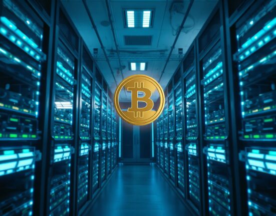 Interior of a modern data center with server racks and a holographic bitcoin symbol, representing Hyperscale Data's pivot to AI infrastructure.