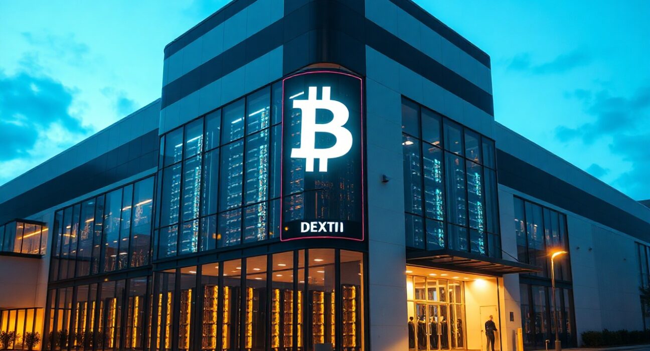 Exterior of a large data center with Bitcoin-themed signage, representing Hyperscale Data's investment in infrastructure.