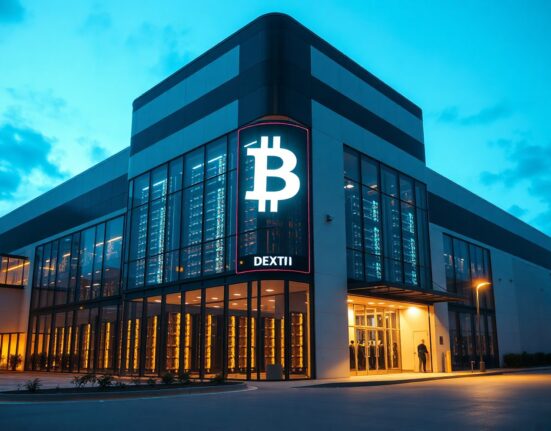 Exterior of a large data center with Bitcoin-themed signage, representing Hyperscale Data's investment in infrastructure.