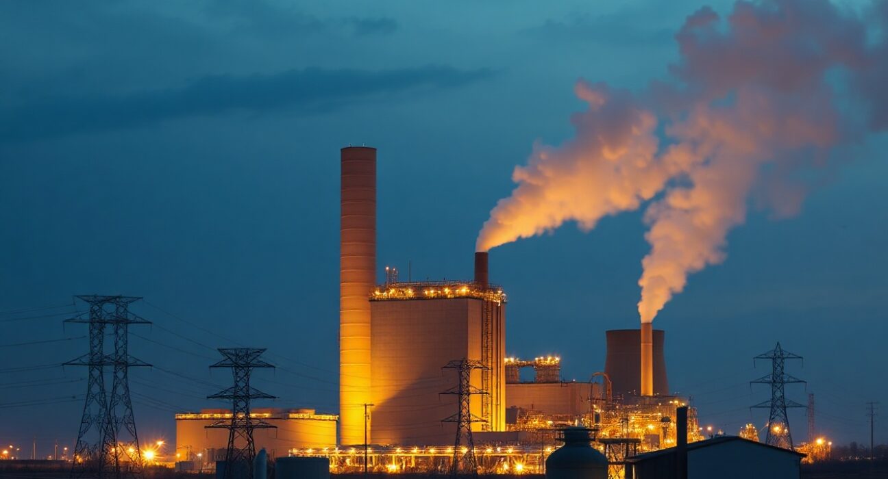 Natural gas power plant with data center in background, illustrating energy demand from AI