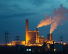 Natural gas power plant with data center in background, illustrating energy demand from AI