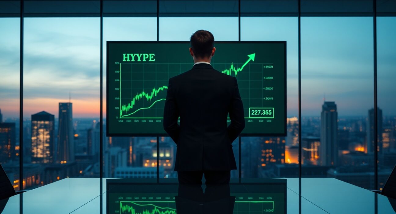 Professional figure analyzing HYPE token chart in modern corporate boardroom