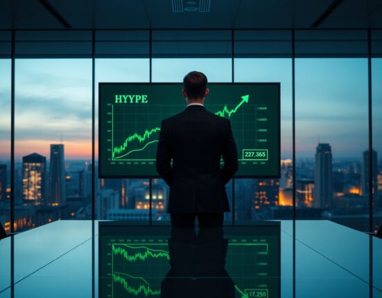 Professional figure analyzing HYPE token chart in modern corporate boardroom