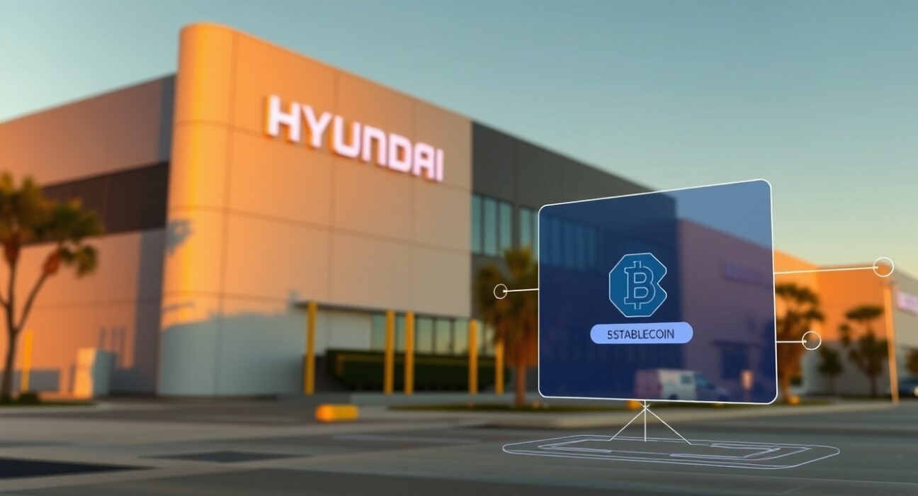 Hyundai Motor manufacturing facility with digital blockchain overlay representing stablecoin remittance between US and Mexico