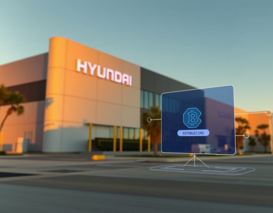 Hyundai Motor manufacturing facility with digital blockchain overlay representing stablecoin remittance between US and Mexico