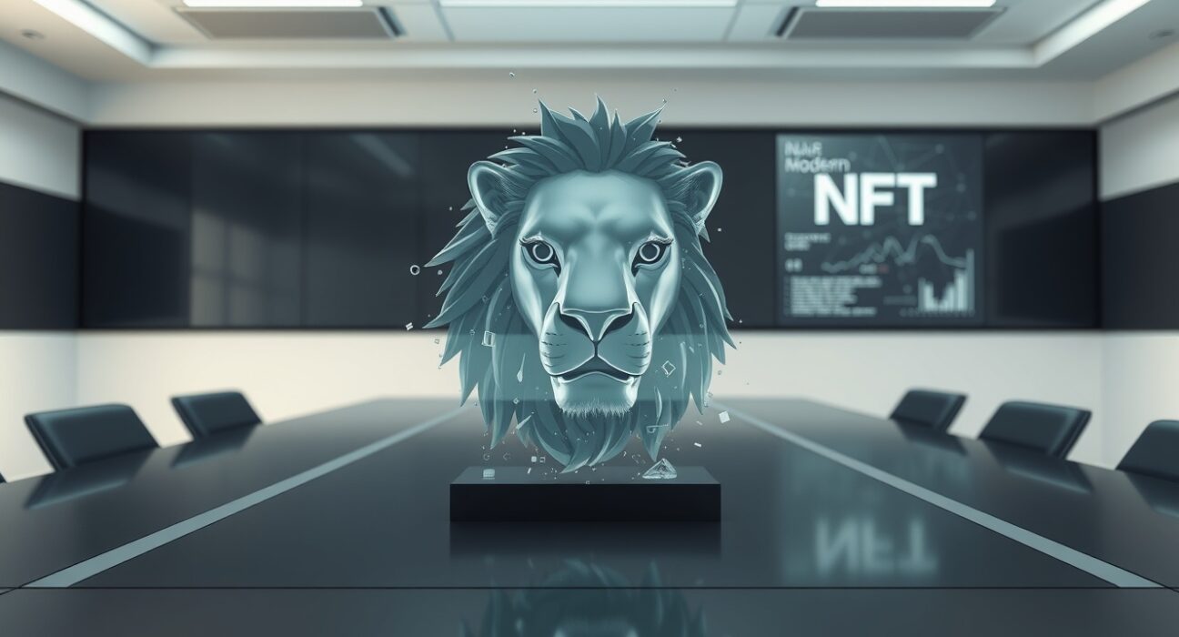 The dissolution of Hyundai Card's Modern Lion NFT joint venture symbolized in a corporate setting.