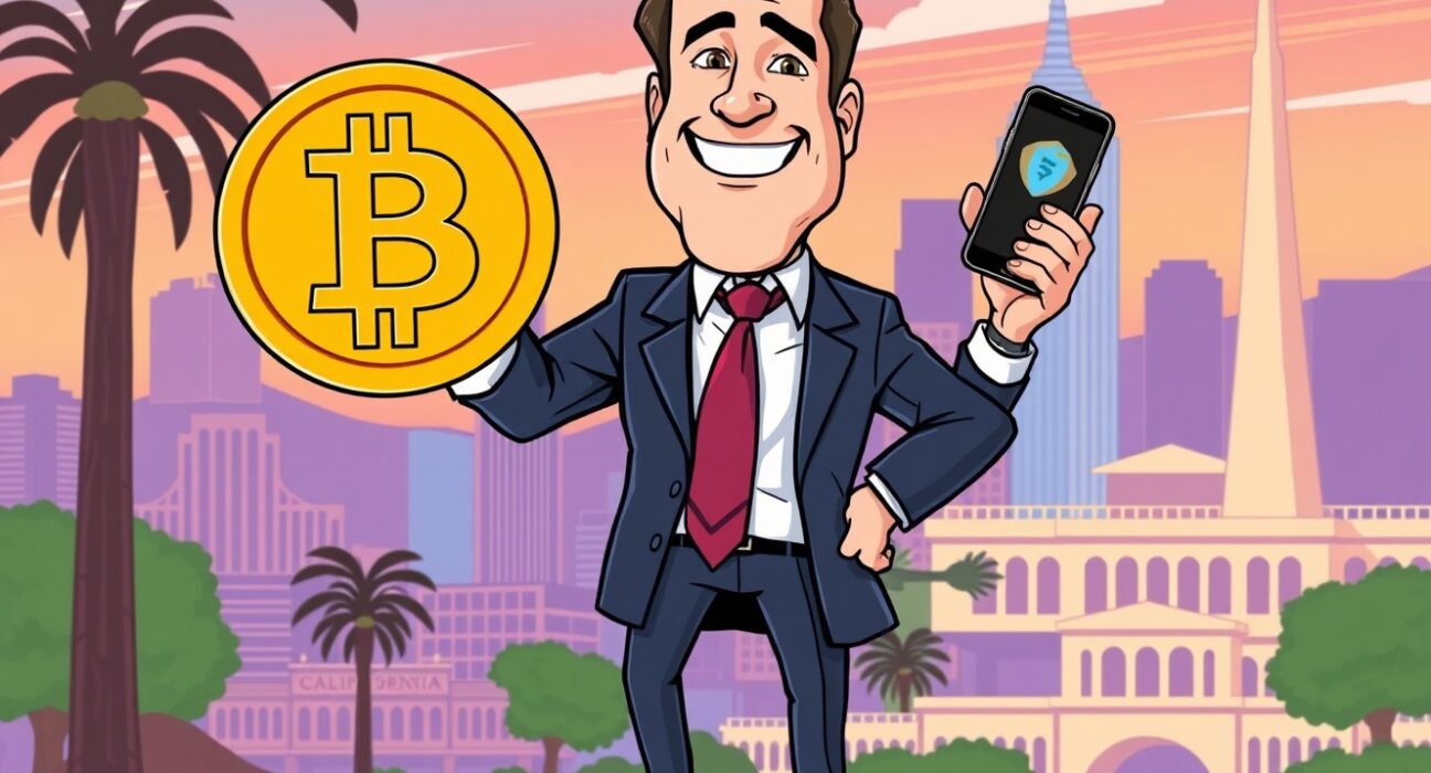 Cartoon illustration of Ian Calderon promoting his bold Ian Calderon Bitcoin vision for California's future.