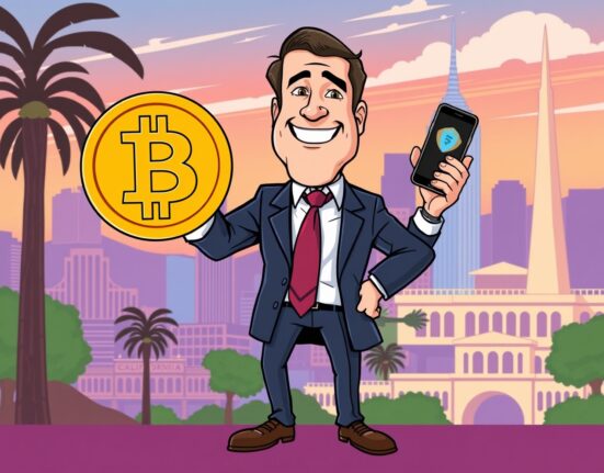 Cartoon illustration of Ian Calderon promoting his bold Ian Calderon Bitcoin vision for California's future.