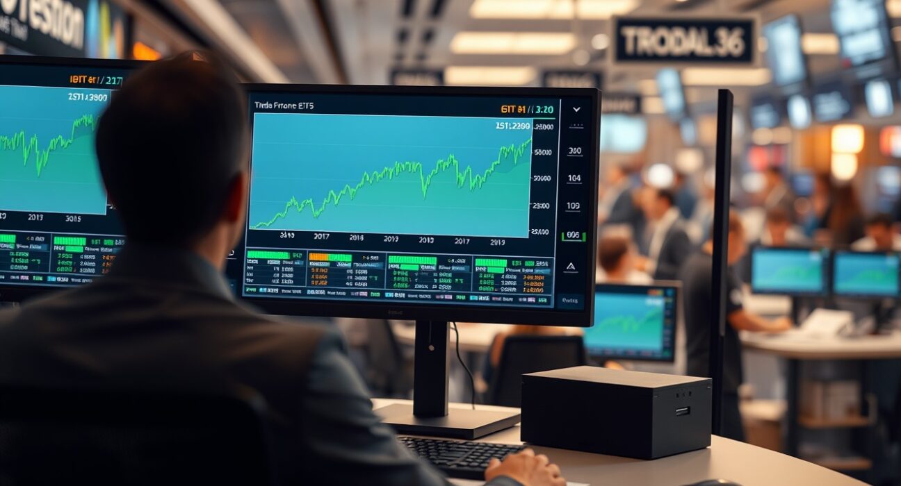 Trading desk monitors showing IBIT Bitcoin ETF performance chart compared to GLD gold ETF
