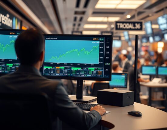 Trading desk monitors showing IBIT Bitcoin ETF performance chart compared to GLD gold ETF