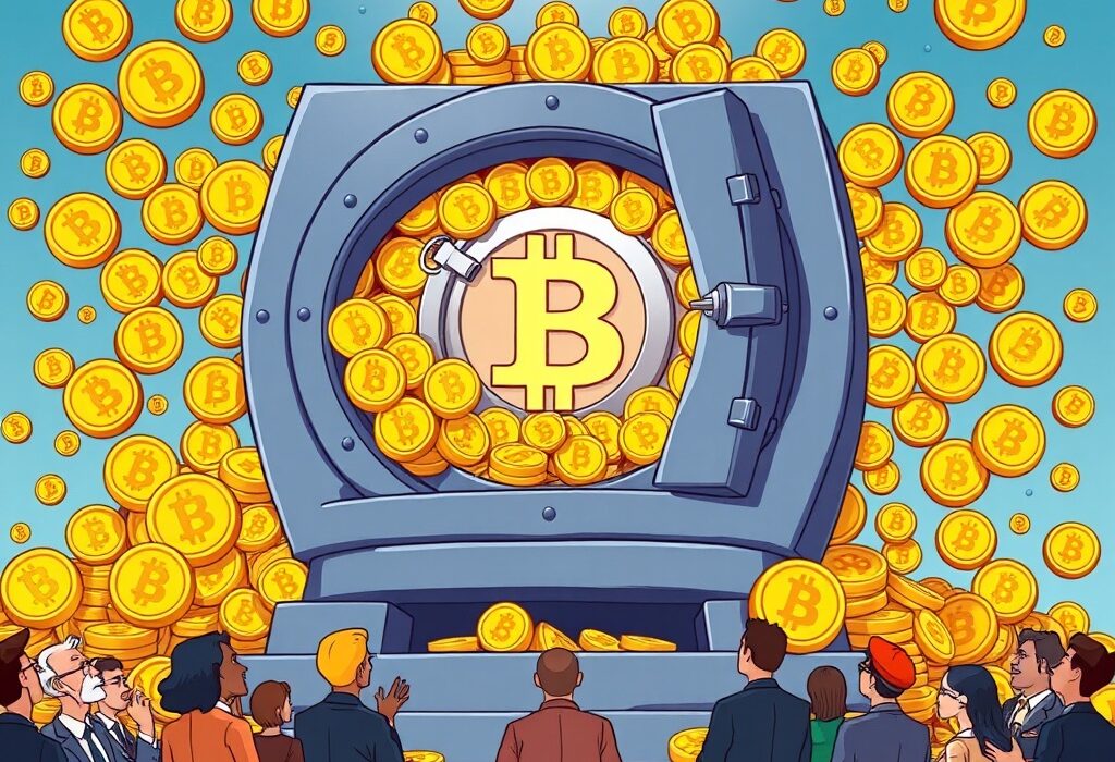 Cartoon illustration of a vault overflowing with Bitcoin, symbolizing the monumental growth of IBIT BTC holdings and institutional success.