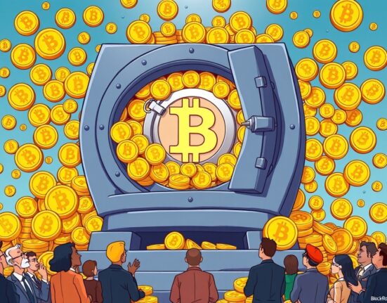Cartoon illustration of a vault overflowing with Bitcoin, symbolizing the monumental growth of IBIT BTC holdings and institutional success.