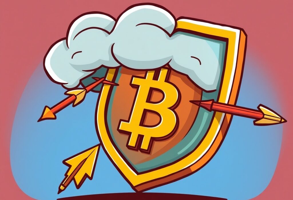 Cartoon showing a strong shield protecting a Bitcoin symbol, illustrating the concept of IBIT downside protection for investors.
