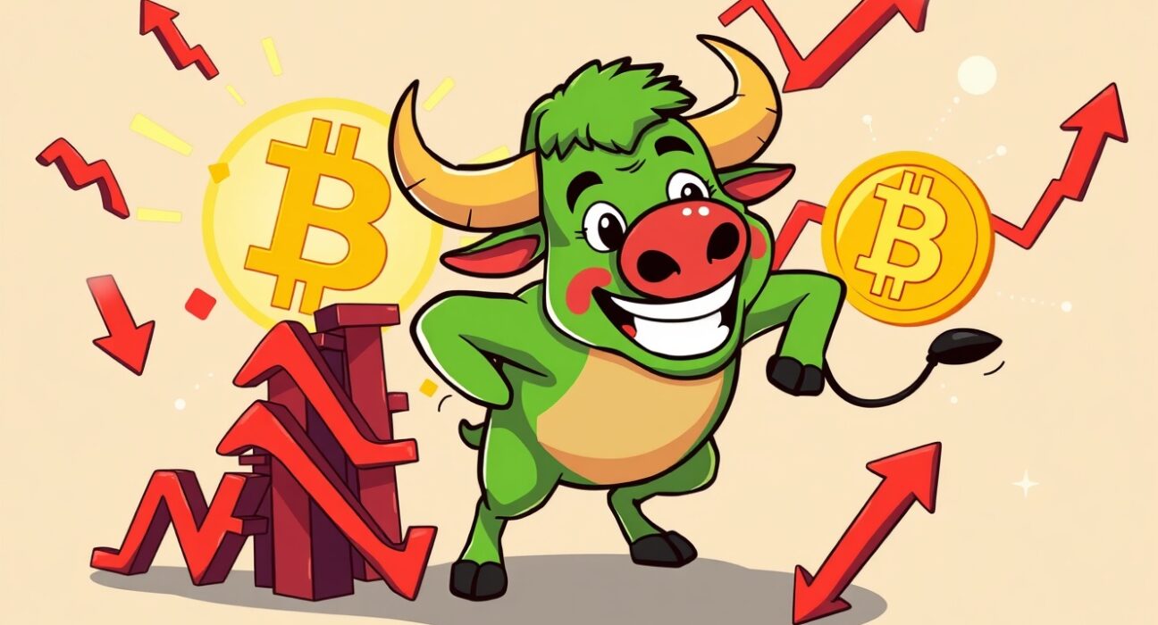 Bull confidently pushing down falling red arrows representing IBIT ETF short interest decline