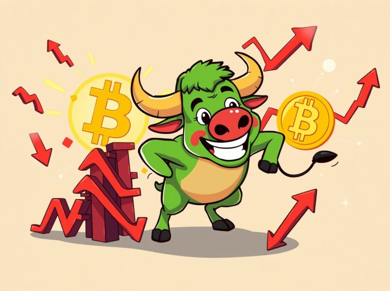 Bull confidently pushing down falling red arrows representing IBIT ETF short interest decline