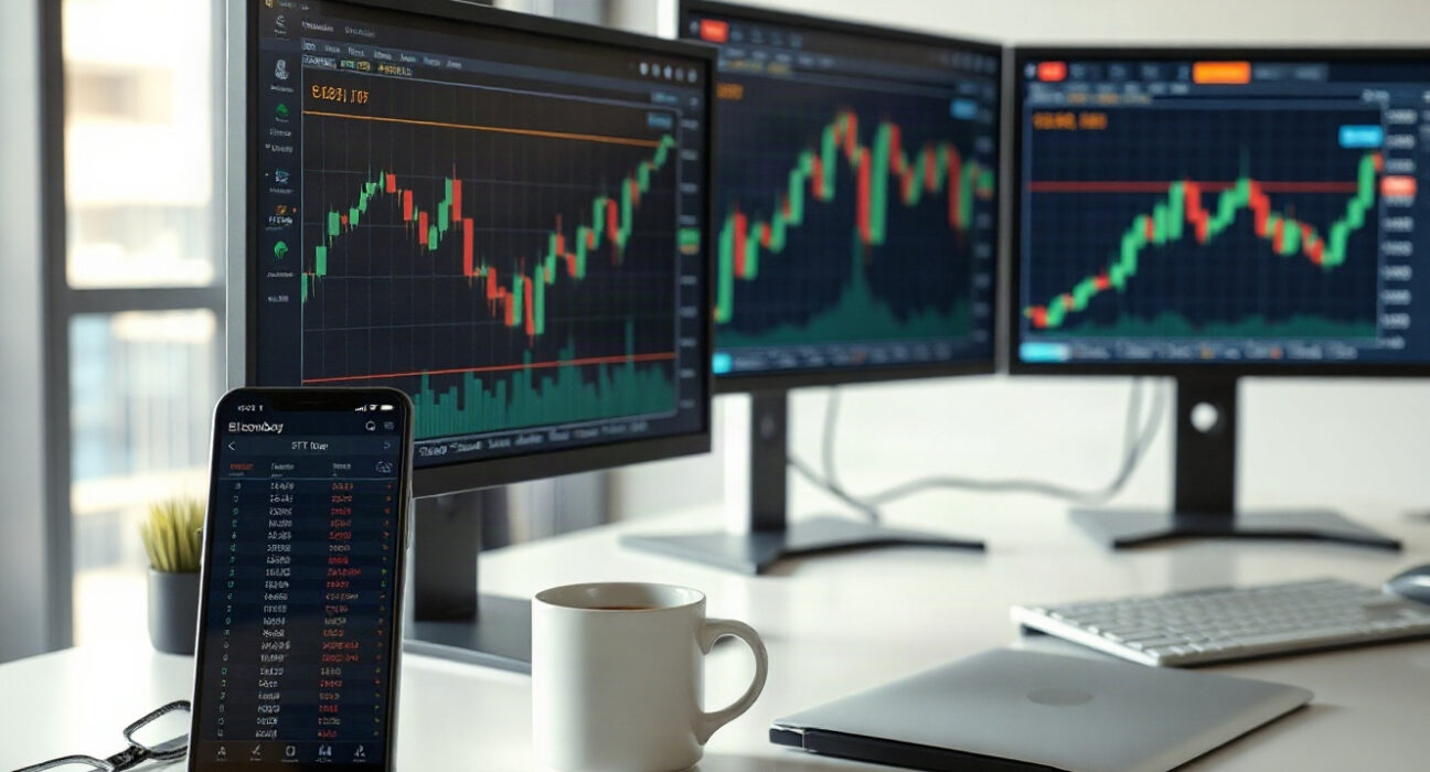 Analyst desk with monitors showing Bitcoin ETF flow charts and market data