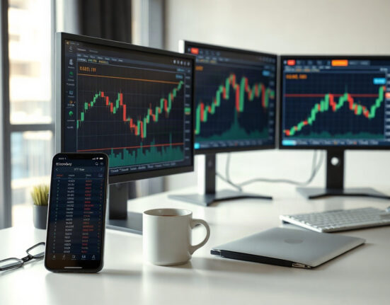 Analyst desk with monitors showing Bitcoin ETF flow charts and market data