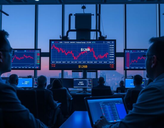Trading floor with monitors showing a sharp decline in Bitcoin ETF price data.