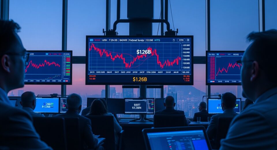 Trading floor with monitors showing a sharp decline in Bitcoin ETF price data.