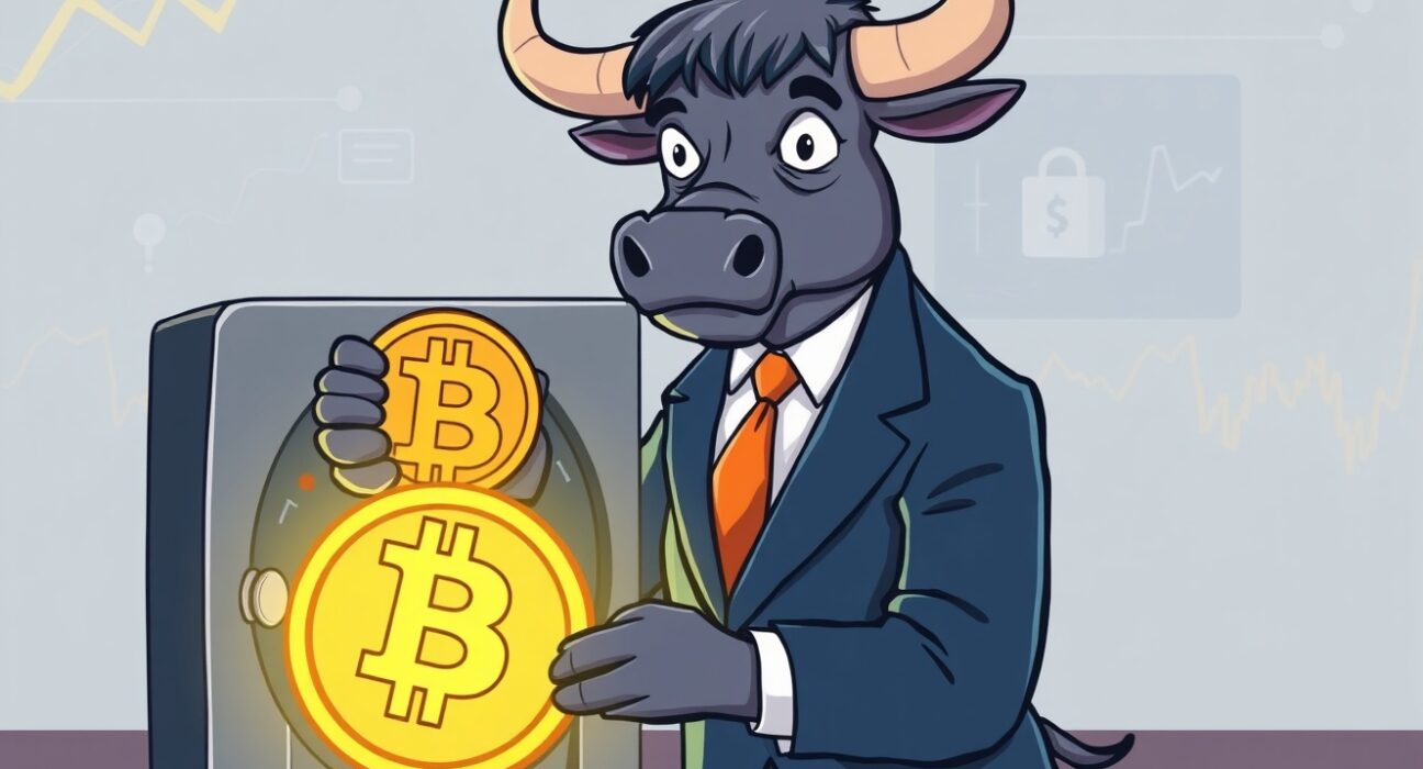 Wall Street bull securing IBIT-linked structured notes featuring Bitcoin in a financial vault