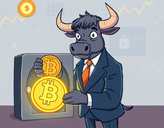 Wall Street bull securing IBIT-linked structured notes featuring Bitcoin in a financial vault