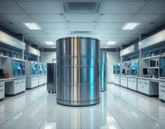 IBM quantum computer in a modern laboratory setting with blue glowing accents