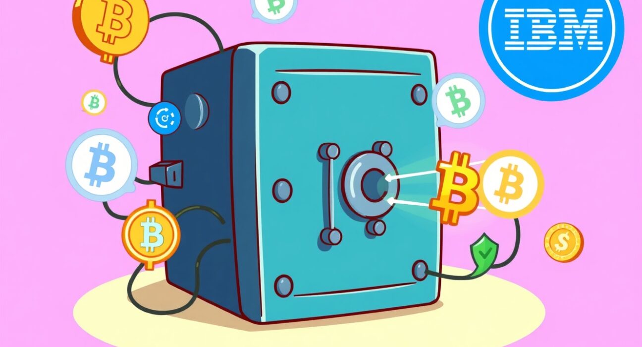 Cartoon illustration of a secure digital hub managing various crypto assets, representing IBM digital asset management.