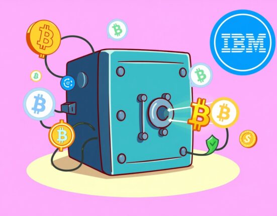 Cartoon illustration of a secure digital hub managing various crypto assets, representing IBM digital asset management.