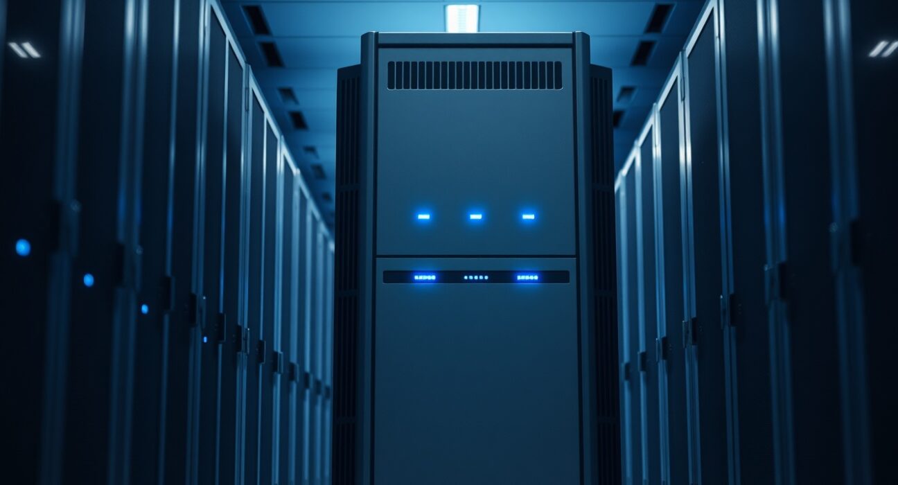 IBM mainframe in a modern data center with blue LED indicator lights