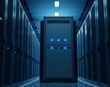IBM mainframe in a modern data center with blue LED indicator lights