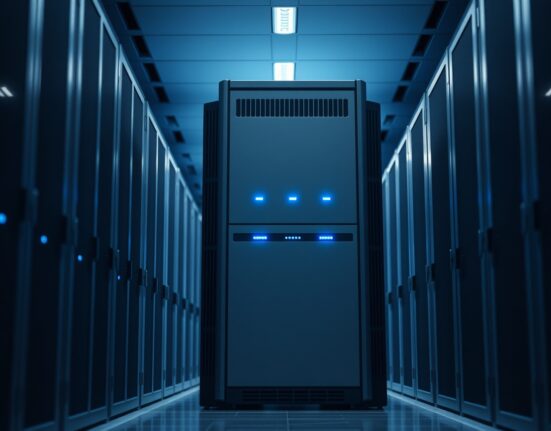 IBM mainframe in a modern data center with blue LED indicator lights