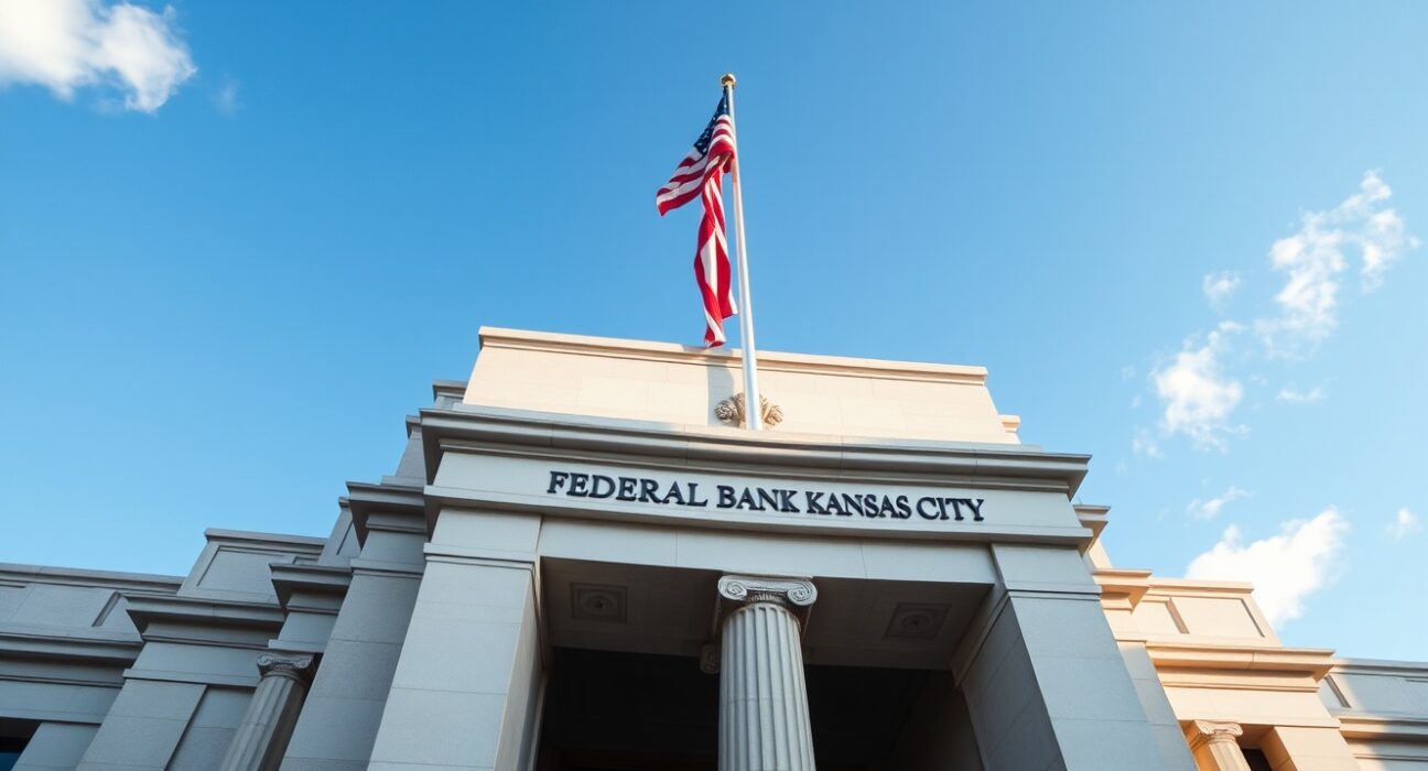 Exterior of the Federal Reserve Bank of Kansas City building under a clear sky.