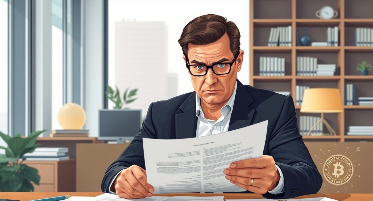 Financial regulator reviewing Coinbase trust charter documents with serious concern about regulatory compliance