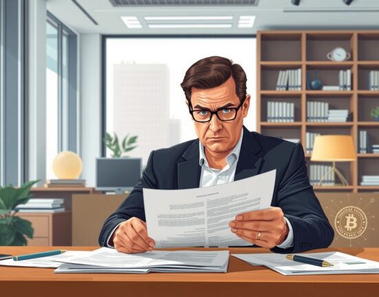 Financial regulator reviewing Coinbase trust charter documents with serious concern about regulatory compliance