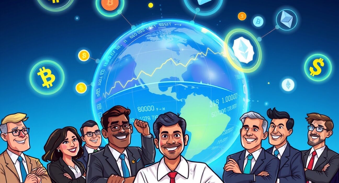 Institutional investors excitedly exploring vibrant prediction markets data on a futuristic globe interface.
