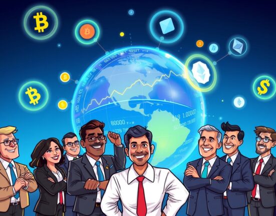 Institutional investors excitedly exploring vibrant prediction markets data on a futuristic globe interface.