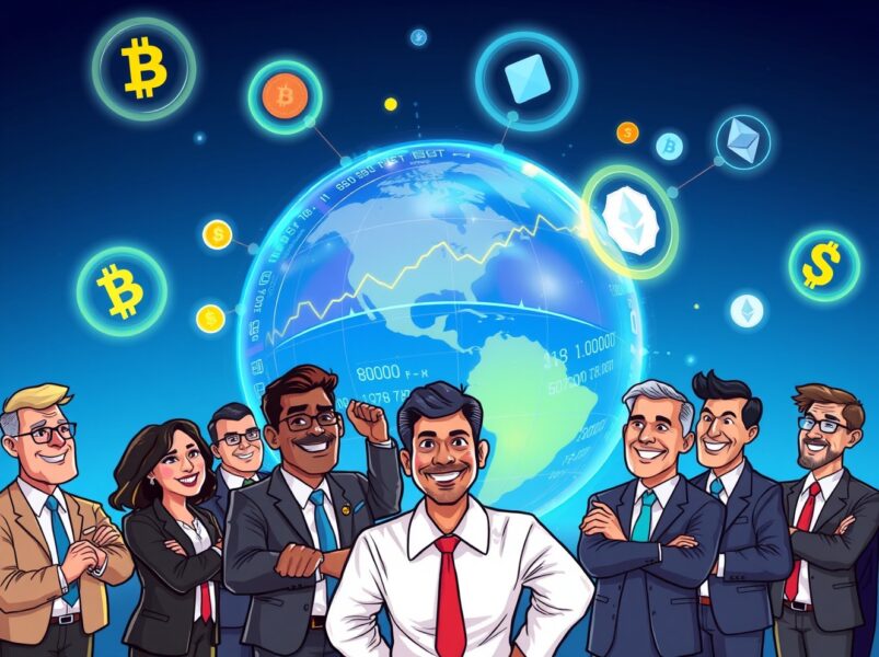 Institutional investors excitedly exploring vibrant prediction markets data on a futuristic globe interface.