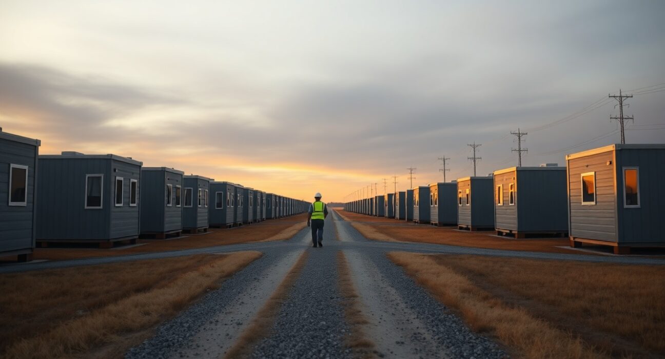 Temporary man camp housing for AI data center construction workers in rural Texas.