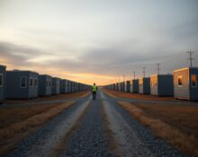 Temporary man camp housing for AI data center construction workers in rural Texas.