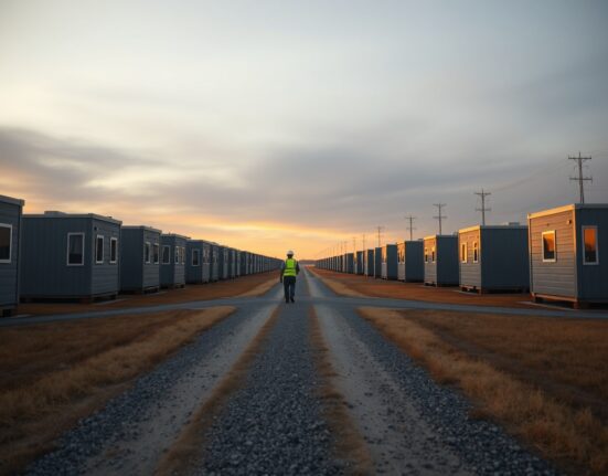 Temporary man camp housing for AI data center construction workers in rural Texas.