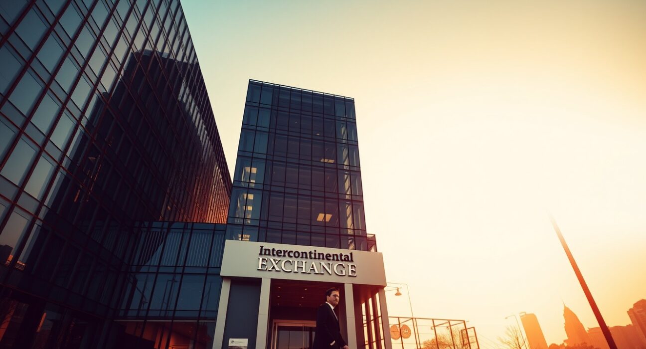 Exterior of Intercontinental Exchange headquarters building at golden hour, symbolizing institutional crypto adoption