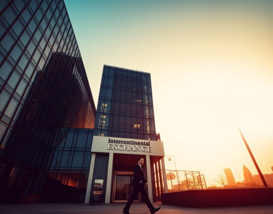 Exterior of Intercontinental Exchange headquarters building at golden hour, symbolizing institutional crypto adoption