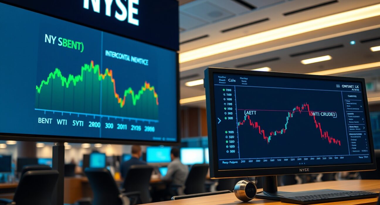 Trading floor with ICE and OKX screens displaying crude oil futures and perpetual contract data