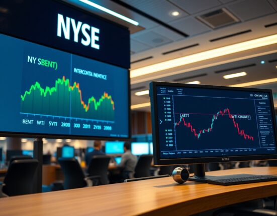 Trading floor with ICE and OKX screens displaying crude oil futures and perpetual contract data