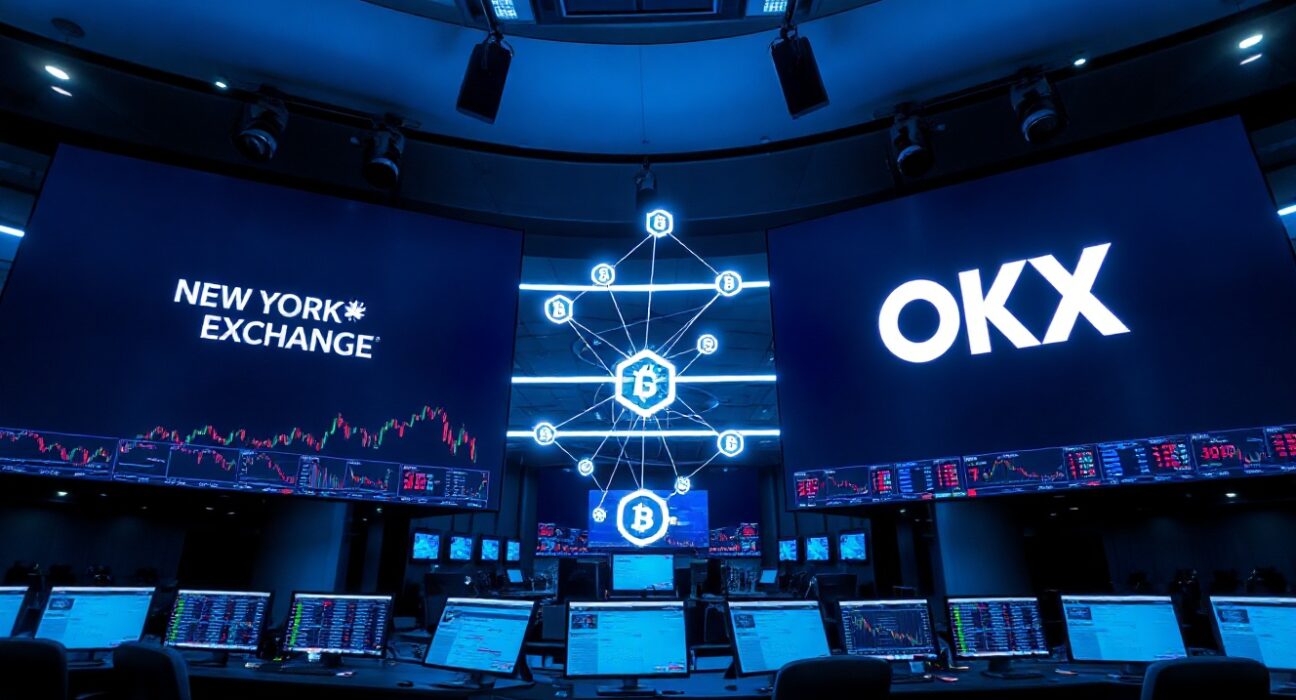 Trading floor with NYSE and OKX screens connected by a blockchain network visualization