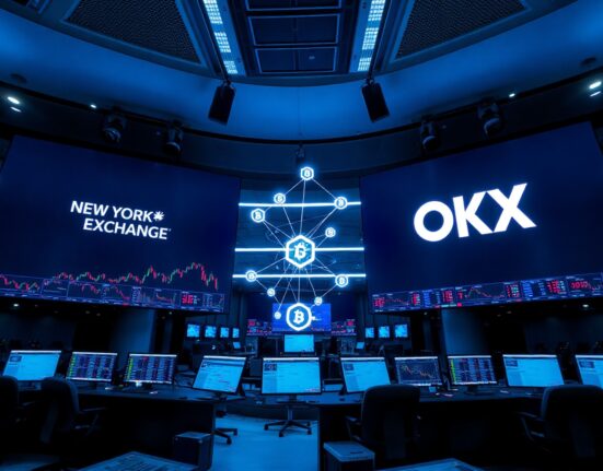 Trading floor with NYSE and OKX screens connected by a blockchain network visualization
