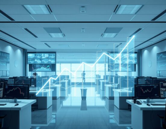 Financial trading floor visualization showing blockchain-integrated market growth graphs representing ICE's Polymarket investment.