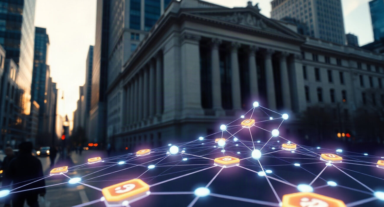 Digital blockchain overlay on financial district skyline representing tokenized securities infrastructure